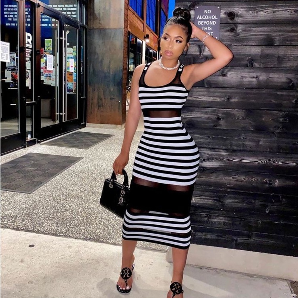 🆕 Striped Black and White Dress w/ Mesh Cutouts